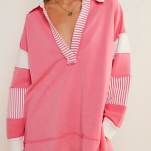 FREE PEOPLE Pink and White Striped V-Neck Top S